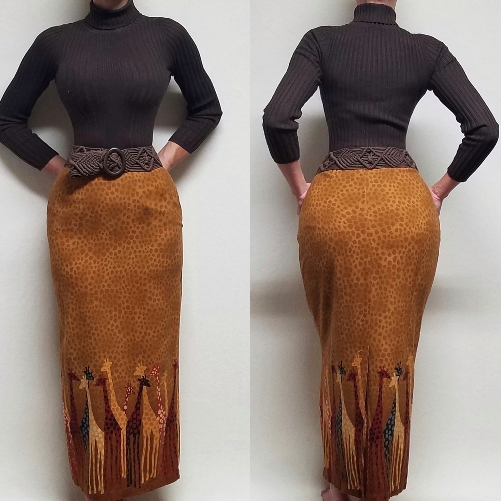 80s Vintage F.L. Malik Spotted Giraffe Print High Rise Back Slit Maxi Skirt 10